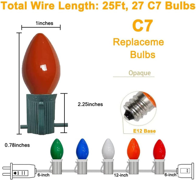 25FT Outdoor C7 Multicolor Christmas Lights, Vintage Christmas String Lights with 27 Multicolor Ceramic Bulbs (2 Spare), Hanging Christmas Lights for Outdoor Xmas Patio Wedding Party Garden Decor