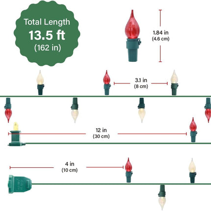 Red White C3 Flame Christmas Lights Outdoor 50 LED Plug in Waterproof Extendable Green Wire for Indoor Patio Xmas Thanksgiving Tree Decoration