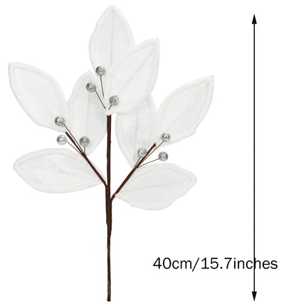 Christmas Tree Picks Leaf Berry Sprays Artificial Velvet Bay Leaves Holly Berries Stems Decorative Sticks for Xmas Tree Topper Vase Filler Branches Flower Arrangment Craft Home Decor Set of 3 (White)