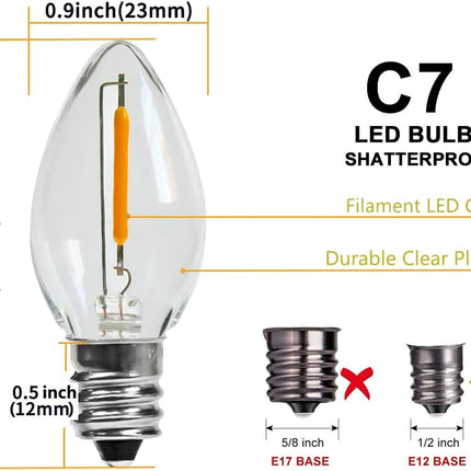 KGC 25Pack C7 LED Christmas Light Bulb, E12 Base Waterproof LED Bulbs for String Light, 0.6W 2200K Warm White 50LM, Clear Plastic Night Lights C7 LED Replacement Bulbs for Christmas String Lights.