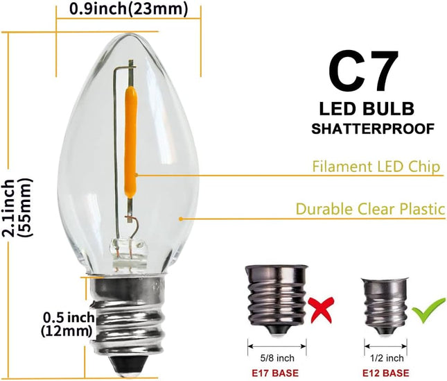 KGC 25Pack C7 LED Christmas Light Bulb, E12 Base Waterproof LED Bulbs for String Light, 0.6W 2200K Warm White 50LM, Clear Plastic Night Lights C7 LED Replacement Bulbs for Christmas String Lights.