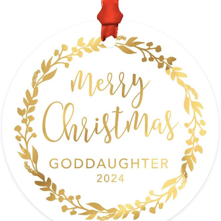 Andaz Press Family Round Metal Christmas Ornament, Merry Christmas Goddaughter , Gold Holiday Wreath, 1-Pack, Includes Ribbon and Bag Goddaughter Ornament Godchild Ornament