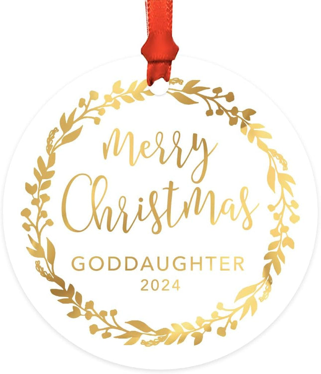 Andaz Press Family Round Metal Christmas Ornament, Merry Christmas Goddaughter , Gold Holiday Wreath, 1-Pack, Includes Ribbon and Bag Goddaughter Ornament Godchild Ornament