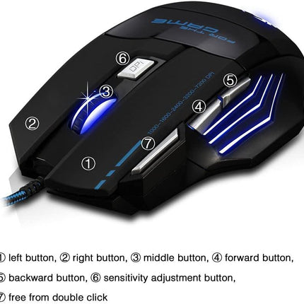 Zelotes Ergonomic 7200 DPI LED Optical Wired Gaming Mouse Mice 7 Buttons Compatible Mac Pro Gamer PC Laptop Desktop Notebook-Black Black(T80)