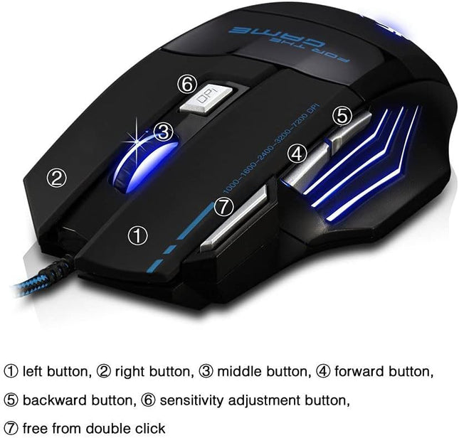 Zelotes Ergonomic 7200 DPI LED Optical Wired Gaming Mouse Mice 7 Buttons Compatible Mac Pro Gamer PC Laptop Desktop Notebook-Black Black(T80)