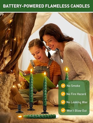 Christmas Tree Candles with Remote, 9.8 Inch Waxy Flameless Taper Candle, 4Pcs LED Battery Operated Window Candlesticks with Holder, 3D Flame Flickering Light with Timer for Christmas Decorations