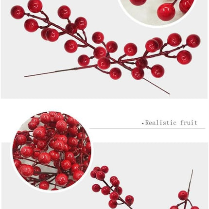 40pcs Red Berry Stems for Christmas Tree Decoration Artificial Holly, Easy to Bend, Durable - Large Red Berries Stems for Festive Decorations