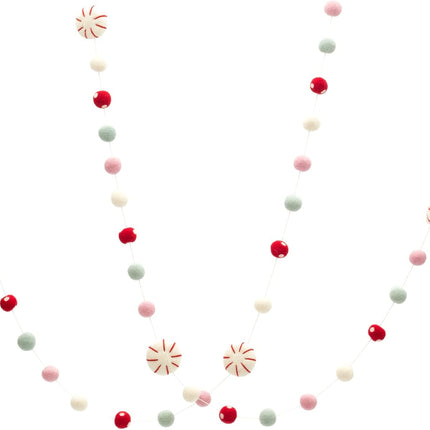 Glaciart One Peppermint Felt Ball Garland - Pompom Holiday Decoration Hand-Made from Natural Wool - Cute Hanging Decor for Christmas Tree, Mantel, Kids Bedroom, Living Room, Nursery - 9 Feet Long
