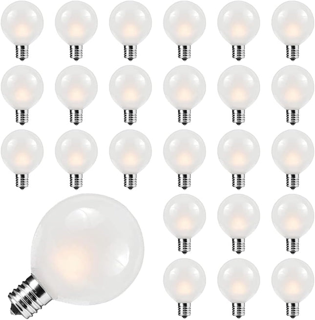 G40 Frosted Replacement Bulbs, 25 Pack 5 Watt G40 Replacement Light Bulbs for String Lights with 12/C7 Candelabra Base, G40 Incandescent Bulbs for Indoor Outdoor Decorative