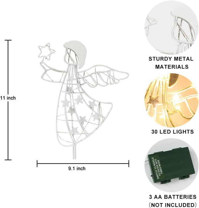 YEAHOME Christmas Tree Topper, Double Layer Lighted White Angel Tree Topper with 30 Lights for Christmas Treetop, Pre-Lit Xmas Tree Topper with Timer for Christmas Tree Decorations, Gold Glittered