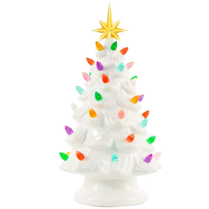 13 Inch Ceramic Christmas Tree, Pre-lit Tabletop Christmas Tree with Multicolored LED Lights and Star, Battery Operated, White