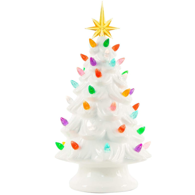 13 Inch Ceramic Christmas Tree, Pre-lit Tabletop Christmas Tree with Multicolored LED Lights and Star, Battery Operated, White