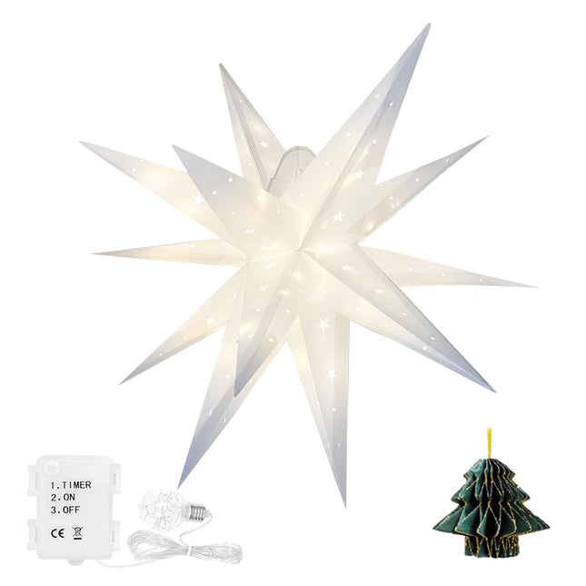 18" 3D Moravian Star Tree Topper - LED 3D Christmas Tree Topper Lamp with Timer Function, Moravian Lighted Star Used to Decorate Christmas Trees, Courtyards, Porch-Star Cutout(White)