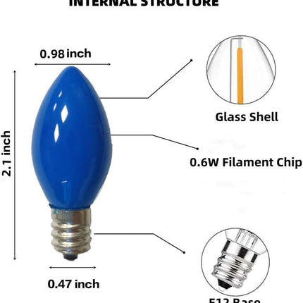 25 Pack Multicolor C7 Led Christmas Light Bulbs, C7 Replacement Bulbs for Christmas Outdoor String Lights, E12 Base LED Bulbs, 0.6W Ceramic Led Night Light Bulb, 2700K Warm White -Multicolor