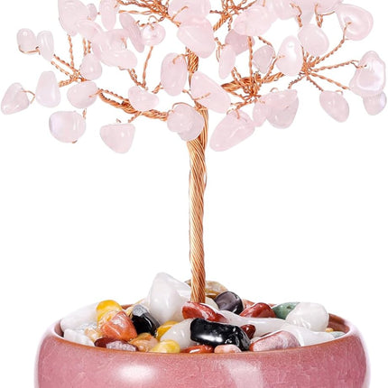 GEHECRST Rose Quartz Crystal Tree Natural Healing Crystal Gemstone Tree with Ceramic Base Handmade Stone Feng Shui Bonsai Money Tree for Wealth Good Luck Home Office Decor Crystal s