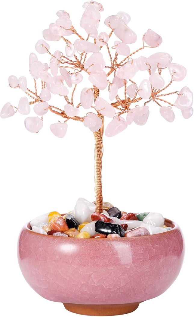 GEHECRST Rose Quartz Crystal Tree Natural Healing Crystal Gemstone Tree with Ceramic Base Handmade Stone Feng Shui Bonsai Money Tree for Wealth Good Luck Home Office Decor Crystal s