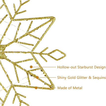 Christmas Tree Topper, PHITRIC 10 Inches Lighted Gold Snow Tree Topper, 20 LED Lights Gold Glitter Powder Tree Toppers Christmas Decorations, Battery Powered Timer Xmas Treetop Star Decor