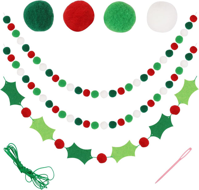 LOMIMOS 3Pcs Christmas Felt Ball Garland,6.56 Ft Long Pom Pom Garland Colorful Felt Hanging Banner Holiday Holly and Berries Felt Banner for Xmas Tree Fireplace Wall Year Party Decor