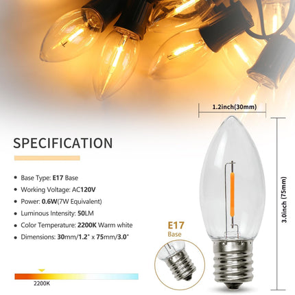 50 Pack C9 Led Replacement Christmas Light Bulb, 0.6W C9 Shatterproof Led Bulbs for Christmas String Light, E17 Intermediate Base, Commercial Grade Light Bulbs, Warm White 2200K