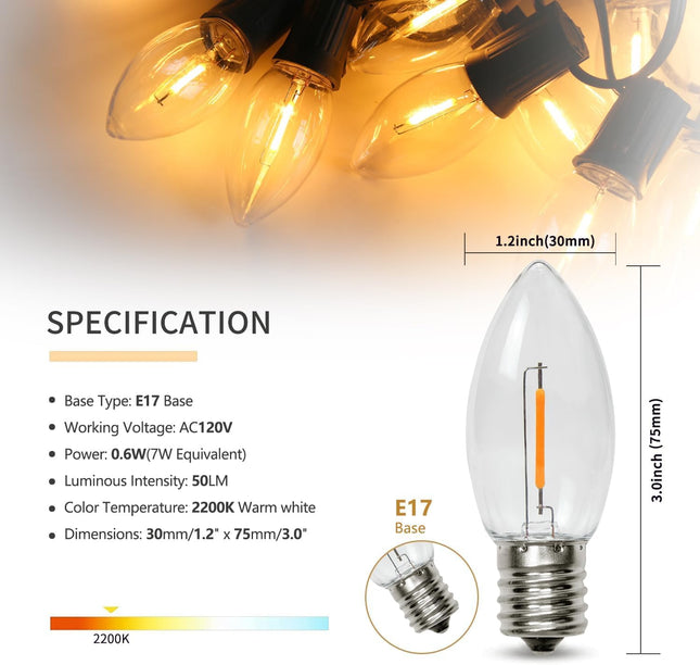 50 Pack C9 Led Replacement Christmas Light Bulb, 0.6W C9 Shatterproof Led Bulbs for Christmas String Light, E17 Intermediate Base, Commercial Grade Light Bulbs, Warm White 2200K