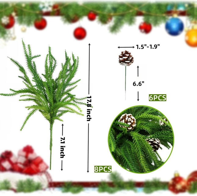 Christmas Norfolk Pine Branches, 8Pcs Christmas Greenary Stems, Real Touch Norfolk Pine Stems with 6Pcs Pine Cones Picks for Christmas Wreath Garland Home Decor (8)