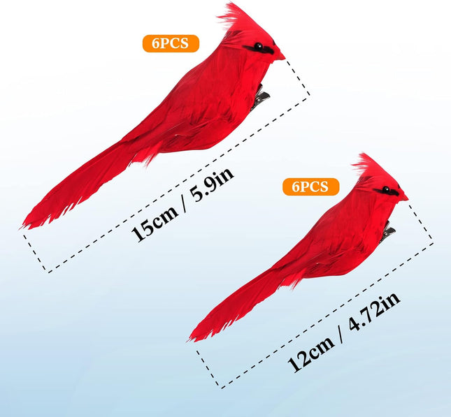 12 Pcs Cardinal Ornament with Clip on Feather Artificial Doves Bird Christmas Tree Ornament Bright Fake Cardinal Craft for Winter Theme Wreath Garland Decor, Red Cardinals, 4.7 Inches and 5.9 Inches