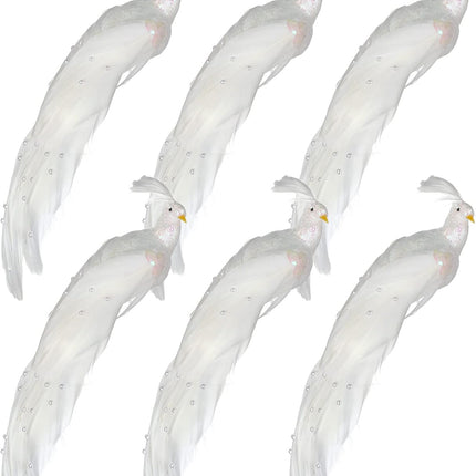 FQQWEE 6Pcs Artificial Feather White Peacock Birds with Clip Artificial Peacock Sequin Birds Clip on Christmas Tree Ornaments Simulation White Feather Peacock Crafts Xmas Tree Decor (6Pcs)