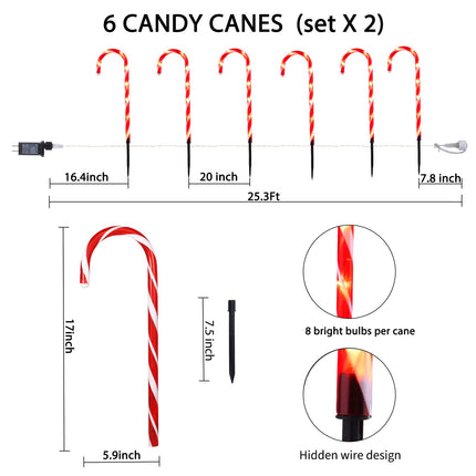 Brightown 12Packs Christmas Candy Cane Pathway Lights Markers with Stake 24.5" Outdoor LED Christmas Decorations Lights 8 Modes for Yard Patio Xmas Outdoor Path Garden Walkway, Warm White