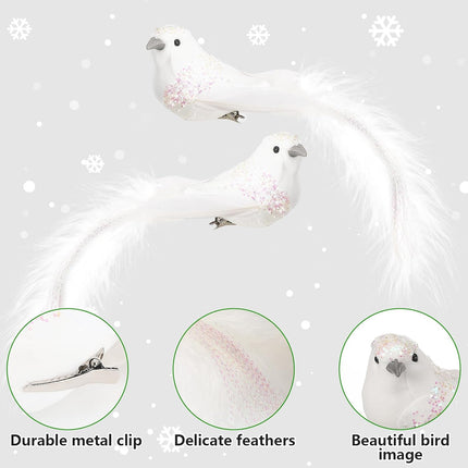 Cosweet 12 Pcs Artificial Christmas Dove Birds with Clip, White Feather Xmas Tree Ornament Wreath Flower Arrangement Supplies for Party Wedding Decor DIY Craft s