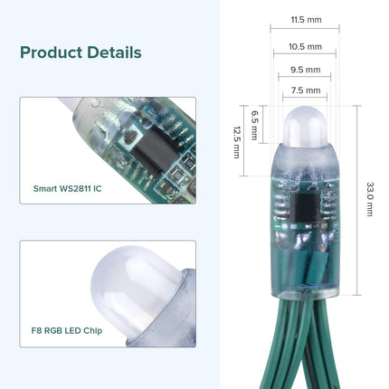 BTF-LIGHTING WS2811 Diffused Digital RGB LED Pixel String Light 12mm Individually Addressable Round LED Module 50pcs/String IP68 Waterproof DC12V