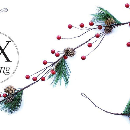 Winter Garland Christmas Decoration of Red Berries, Pine Cones & Evergreen Pine Needle – Unlit Holiday Berry Décor for Home, Kitchen, Bar & Fireplace & Decorative Outdoor Greenery 6 Ft Long Clearance