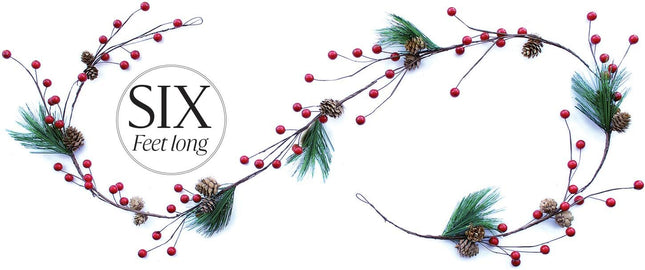 Winter Garland Christmas Decoration of Red Berries, Pine Cones & Evergreen Pine Needle – Unlit Holiday Berry Décor for Home, Kitchen, Bar & Fireplace & Decorative Outdoor Greenery 6 Ft Long Clearance
