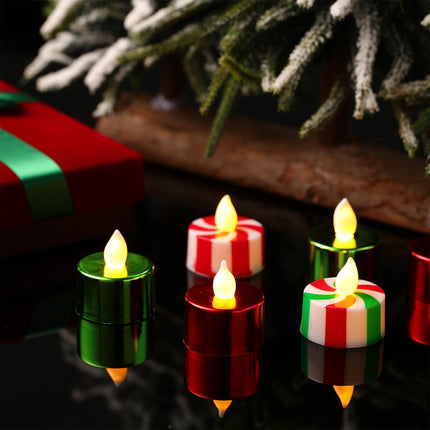 MTLEE 24 Pack Christmas Tealights Candles LED Flameless Tea Lights Candy Cane Striped Red Green Tealight Warm Yellow Tealight Votive Candles for Parties, Weddings, Birthdays and Home Decor