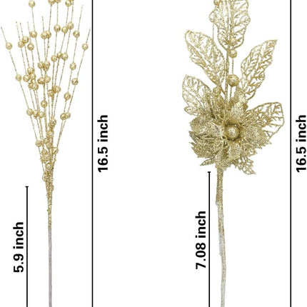 ROSELEAF 28 Pack Artificial Glitter Berry Stem Ornaments, Gold Christmas Ornaments Flower Branches Picks for Xmas Tree Decoration Decor Small Vase Home Holiday Wedding Party Decor