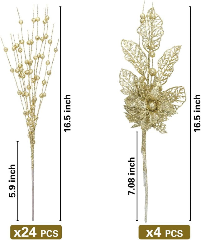 ROSELEAF 28 Pack Artificial Glitter Berry Stem Ornaments, Gold Christmas Ornaments Flower Branches Picks for Xmas Tree Decoration Decor Small Vase Home Holiday Wedding Party Decor