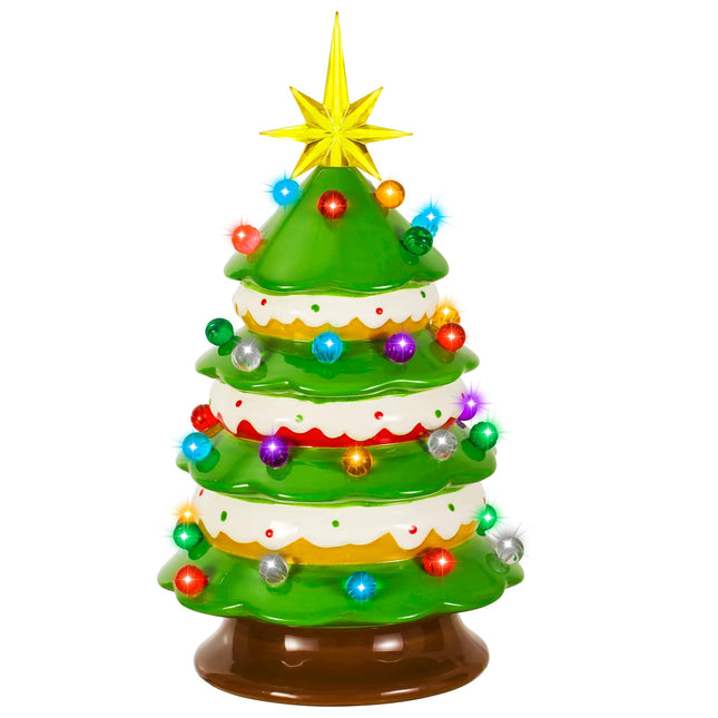 Tfro & Cile Ceramic Christmas Tree Decor 15 Inch Xmas Indoor Statue Tabletop Home Decoration Battery Powered LED Light for Party