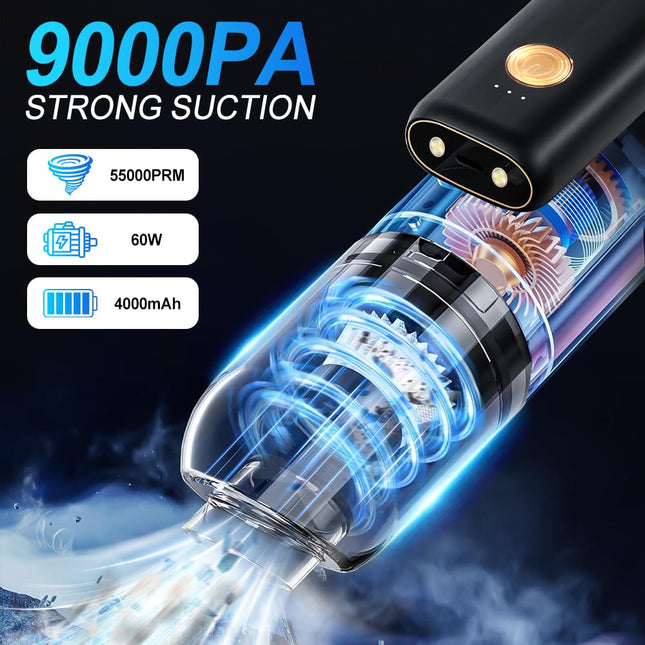 9000Pa Handheld Vacuum Cleaner With Led Light 180° Foldable Multifunctional Vacuum Cleaner For Blowing Vacuuming Pumping Strong Suction Rechargeable Mini Vacuums For Car Home Office