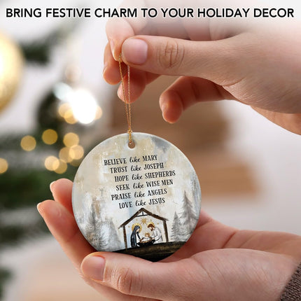 Nativity Christmas Ornaments - Believe Like Mary Trust Like Joseph Jesus Christmas Decorations - Round Ceramic Ornament for Christian s, Religious Christmas Ornaments, Nativity Decor