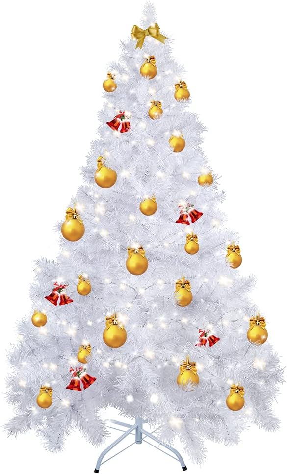 Christmas Decorations, Uten Christmas Tree 6FT, Artificial Christmas Tree with 300 Warm White, Solid Metal Foldable Stand & 600 Branches, Easy Assembly for Home