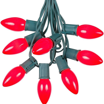 100 Foot C9 Red Ceramic Christmas String Light Set - Outdoor Christmas Light String - – Opaque Christmas Bulbs - Roofline Light String – Outdoor String Lights - Green Wire