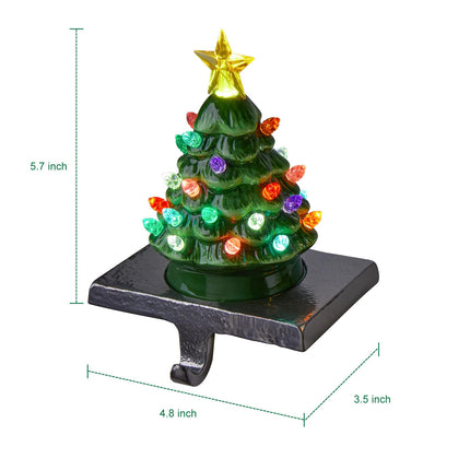 Christmas Ceramic Tree Stocking Holders with LED Lights - 4 Pack Green and White Christmas Tree Stocking Hangers for Mantle, Fireplace, Window Decoration