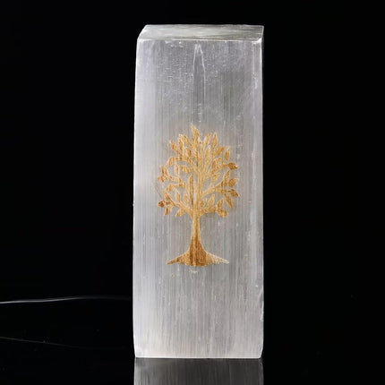 CNYANFEI 8” White Selenite Lamp with Tree of Life Etched Square Satin Spar Crystal Light for Table Decor