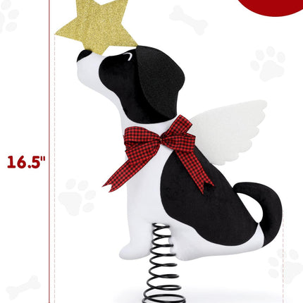 Dog Christmas Tree Topper with Glitter Star & Wings Xmas Tree Ornament Black and White Puppy Winter Holidays Home Decoration Puppy Wreath Attachment Festive Ideas Supplies