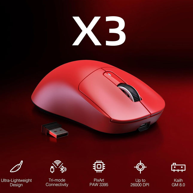 X3 Lightweight Wireless Gaming Mouse with Tri-Mode 2.4G/USB-C Wired/Bluetooth,Up to 26K DPI, PAW3395 Optical Sensor,Kailh GM8.0 Switch,5 programmable Buttons for PC/Laptop/Win/Mac(Red)