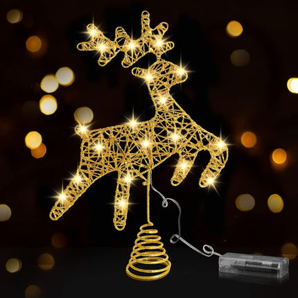 JOICEE Christmas Reindeer Tree Topper,Christmas Gold Hollow Glitter Tree Topper with LED Lights for Christmas Tree Decoration, Big Xmas Tree Top for Year Holiday Decorations.