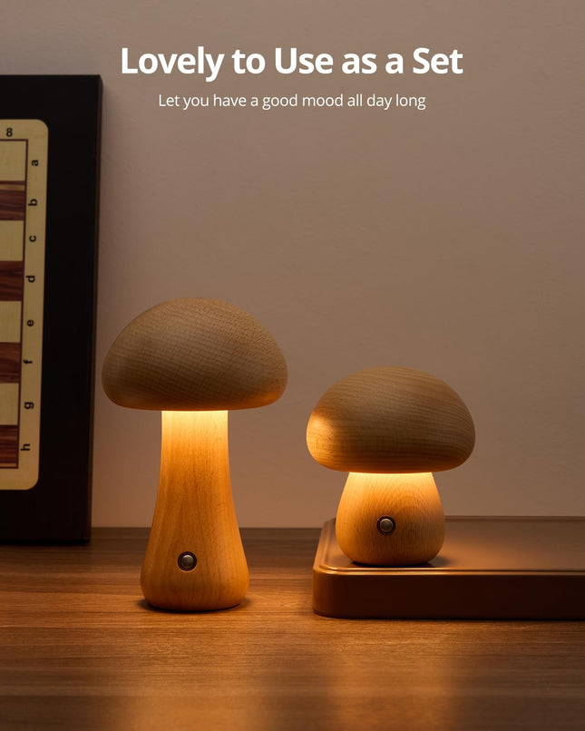 Bojim Wooden Mushroom Lamp, Portable Rechargeable Night Light, 3-Color Dimming Cordless Small Lamp for Christmas Decor (Beech/6.5" H)