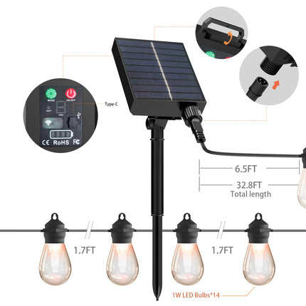 Solar LED Outdoor String Lights, 37Ft 15 LEDs Bulbs,IP65 Waterproof 8 Lighting Modes,Perfect for Patio, Garden, Halloween,Christmas Decorations