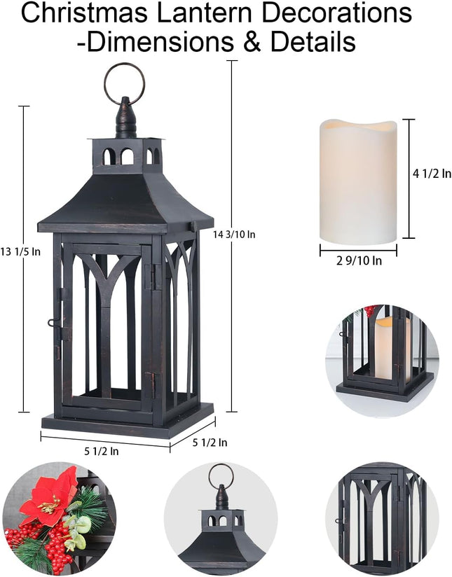 DECORKEY Christmas Decorations for Home, Decorative Christmas Lantern Indoor Outdoor Decor, Metal Hanging Candle Holder with Xmas Teardrop Wreath and LED Candle for Table Centerpieces, Patio (Black)