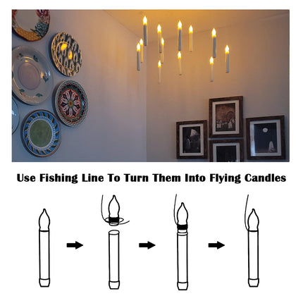 Floating Candles with Wand Remote,12 Pcs Flameless Flickering LED Hanging Flying Candles, LED Taper Candles Warm Light, Battery Operated Window Candle Set for Halloween witch Christmas Party Decors