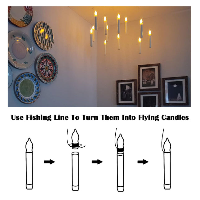 Floating Candles with Wand Remote,12 Pcs Flameless Flickering LED Hanging Flying Candles, LED Taper Candles Warm Light, Battery Operated Window Candle Set for Halloween witch Christmas Party Decors